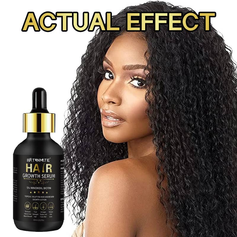 Woman with long, healthy hair next to a bottle of hair growth serum with 'Actual Effect' text above.