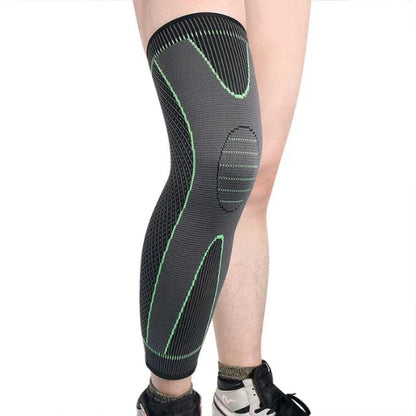 Compression knee sleeve on leg for joint support and fitness performance