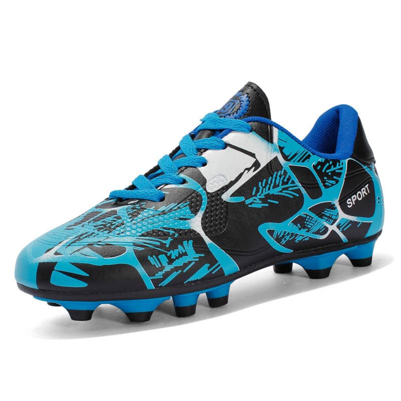 Blue and black soccer cleats on a white background