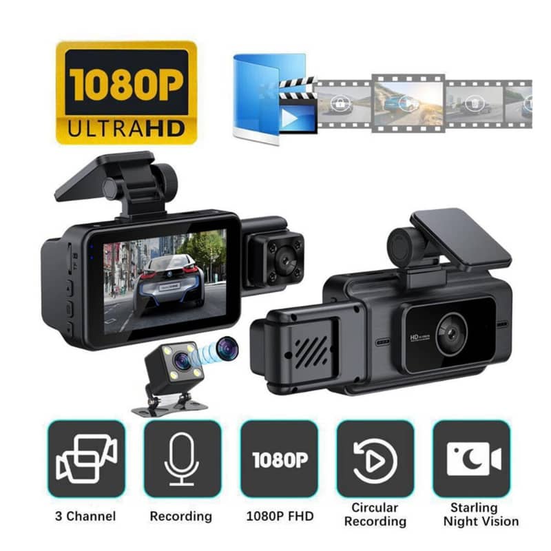 Car dashboard camera with multiple cameras and features highlighted on a white background