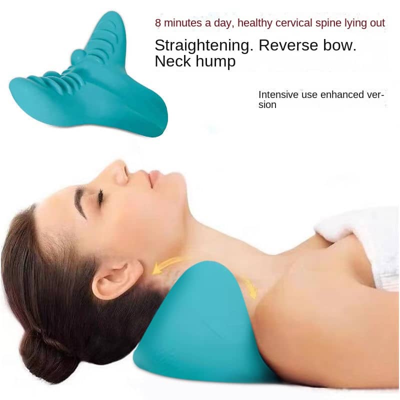 Woman using a teal neck pillow with text about cervical spine health on a white background