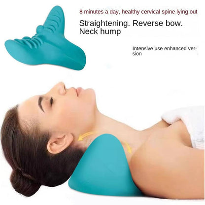 Woman using a teal neck pillow with text about cervical spine health on a white background