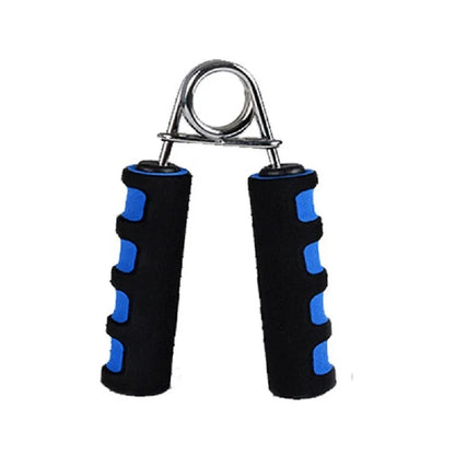 Hand grip strengthener with black and blue foam handles and metal spring for fitness training