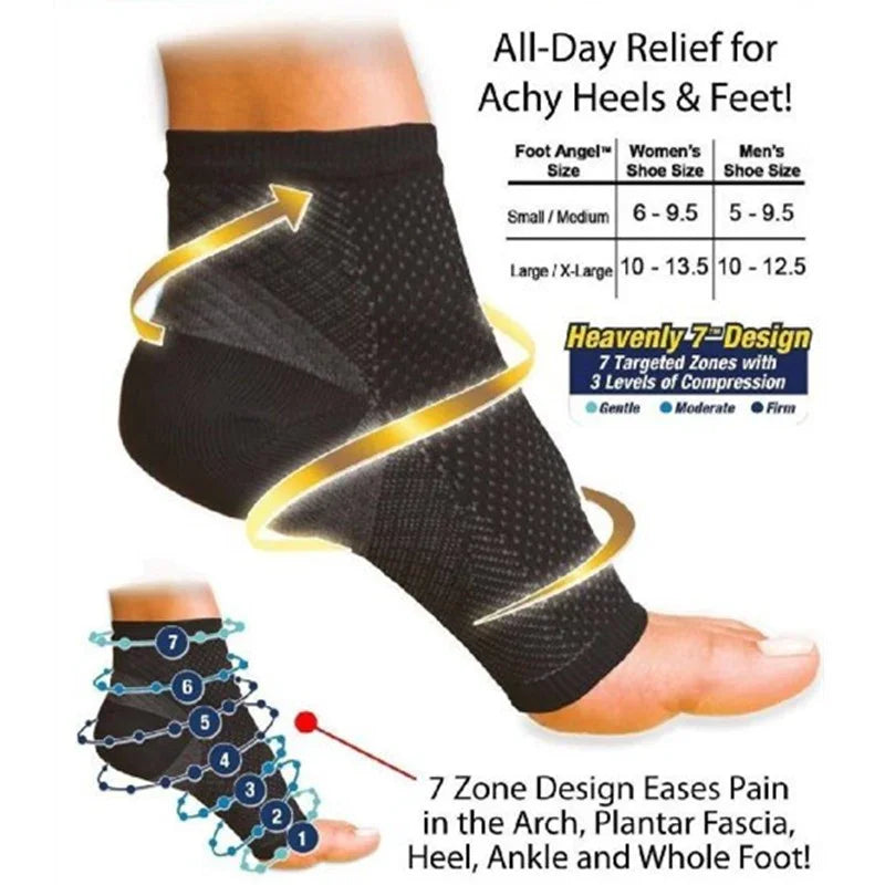 Compression ankle sleeve for foot pain relief, 7-zone arch and heel support, black, sizes chart visible.