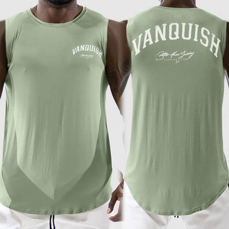 Green tank top with 'Vanquish' branding on a white background