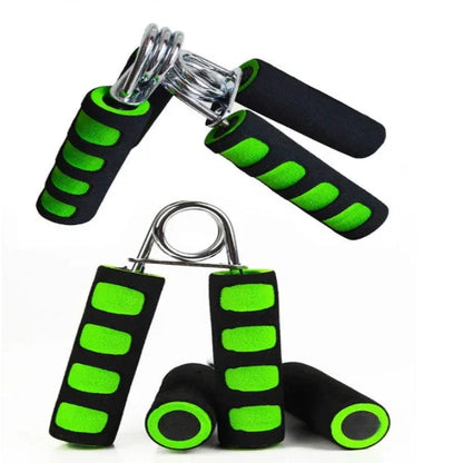 two black and green foam grip hand strengtheners with metal springs for fitness training