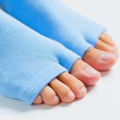 Close-up of a foot wearing a blue cast on a white background