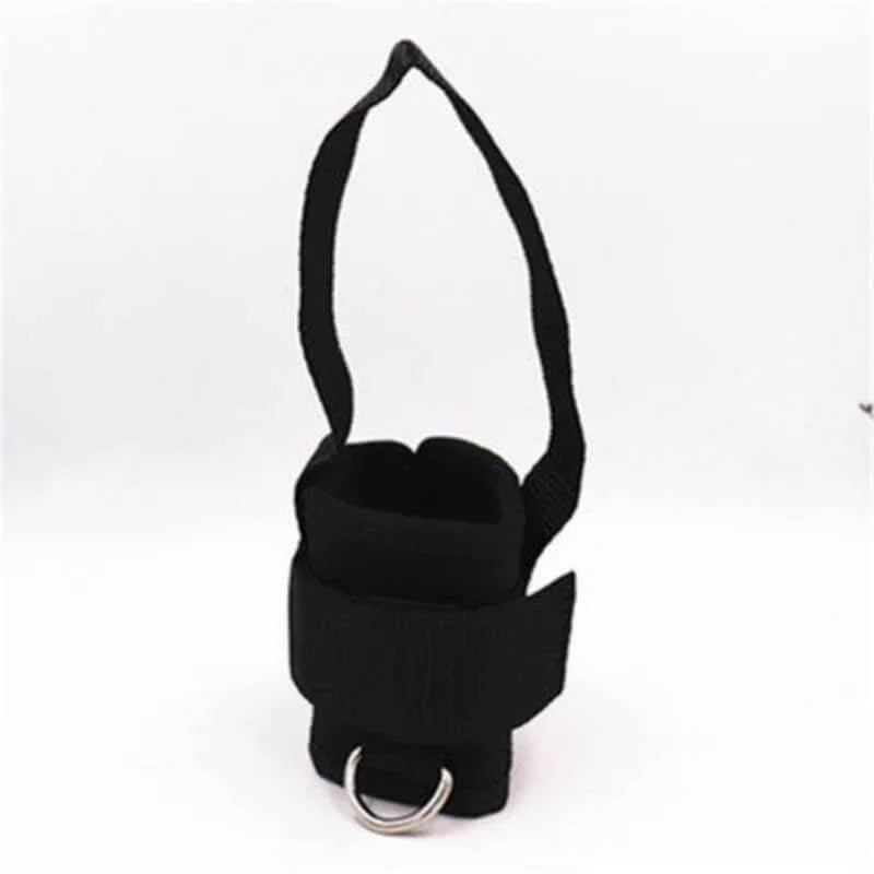 Black wrist cuff with a metal ring on a white background