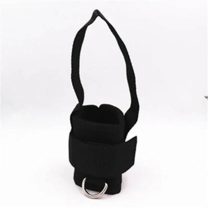 Black wrist cuff with a metal ring on a white background