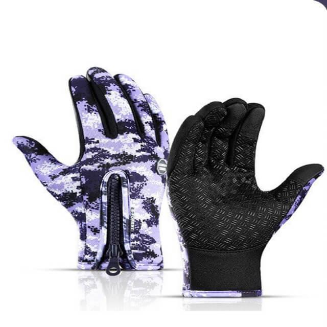 Outdoor fitness gloves with blue camouflage pattern and grip palm, zipper closure