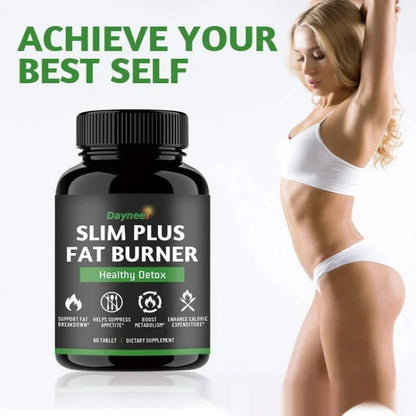 Slim Plus Fat Burner supplement bottle with fit woman in athletic wear, fitness and detox keywords