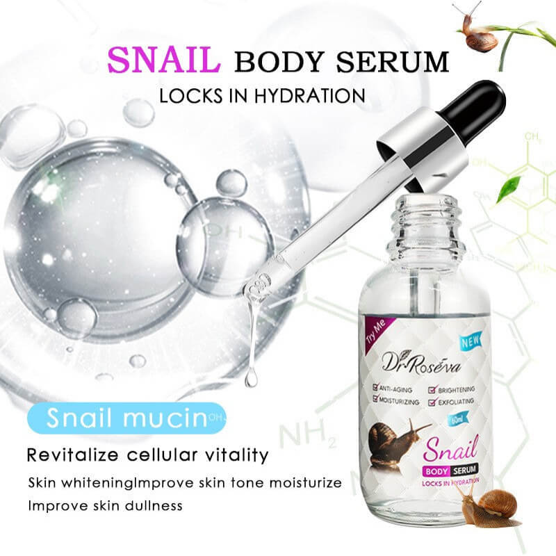 Snail body serum with dropper and bottle on a white background