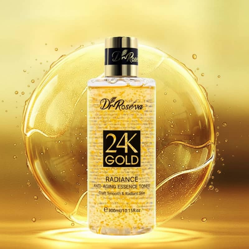 Dr. Roséva 24K Gold Radiance Anti-Aging Essence Toner bottle on a gold background