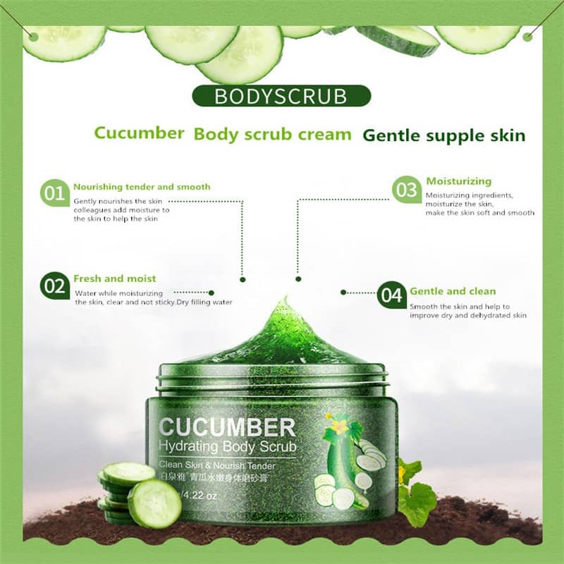 Cucumber body scrub cream packaging with green background and text.