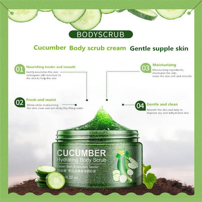 Cucumber body scrub cream packaging with green background and text.