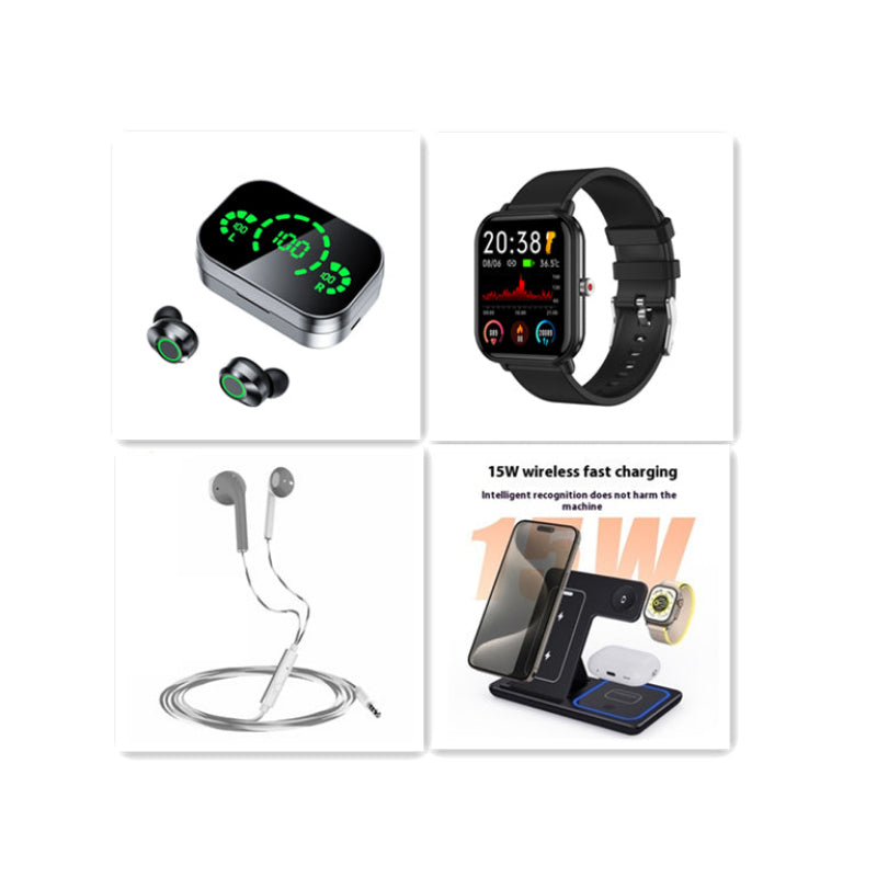 Collage of electronic devices including a smartwatch, earbuds, headphones, and a wireless charging stand on a white background.