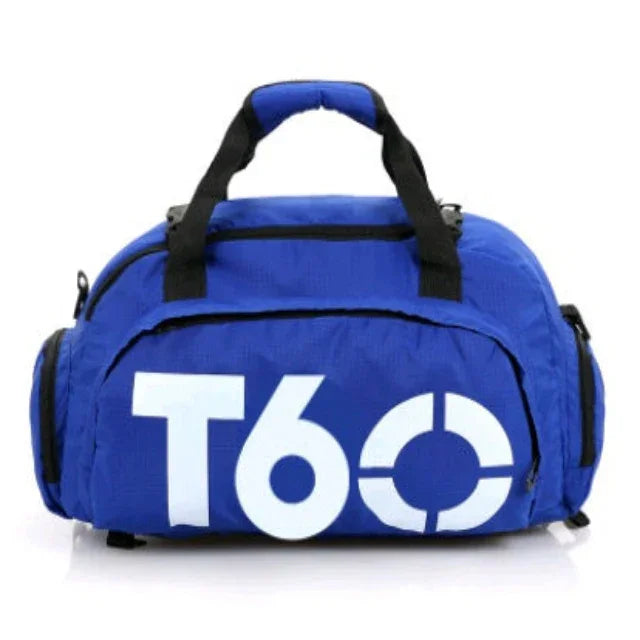 Blue gym duffel bag with T60 logo, black handles, ideal for fitness and workout gear