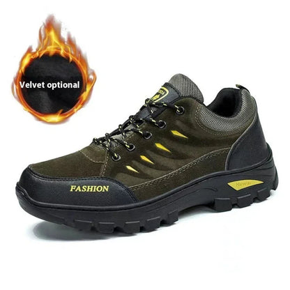 Men’s outdoor hiking shoe with rugged black sole, olive upper, yellow accents, velvet lining option
