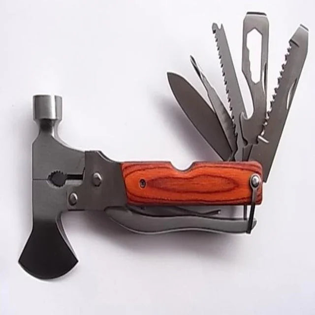 Multi-tool with hammer, axe, saw, blades, and wooden handle for outdoor gear