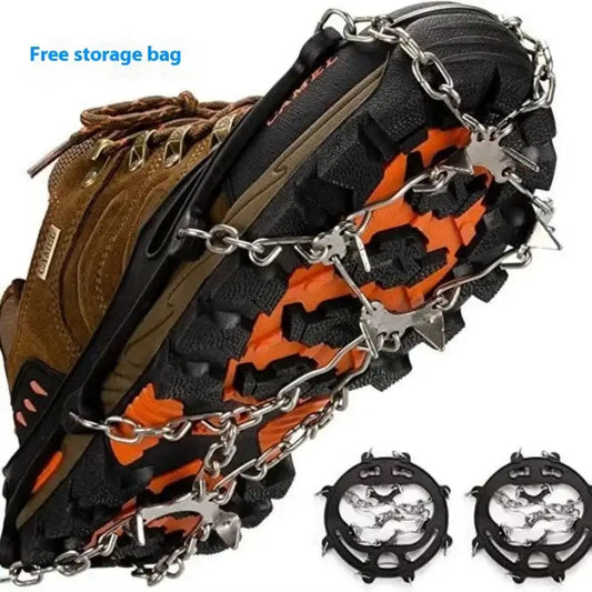 Brown hiking boot with ice traction cleats and metal spikes for outdoor gear safety