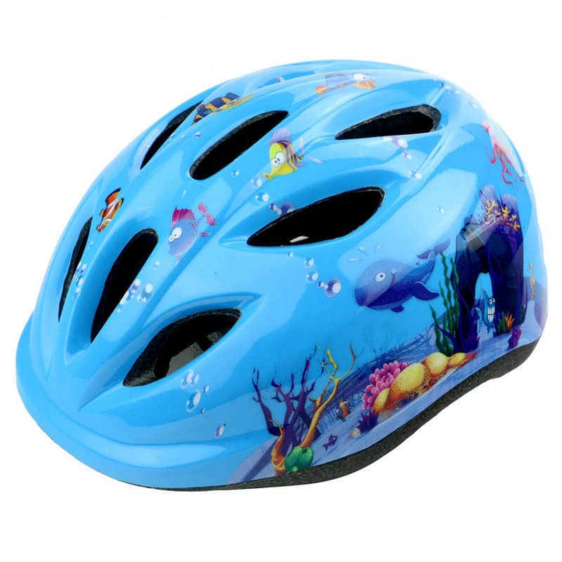 Blue kids bike helmet with ocean-themed cartoon fish and underwater illustrations
