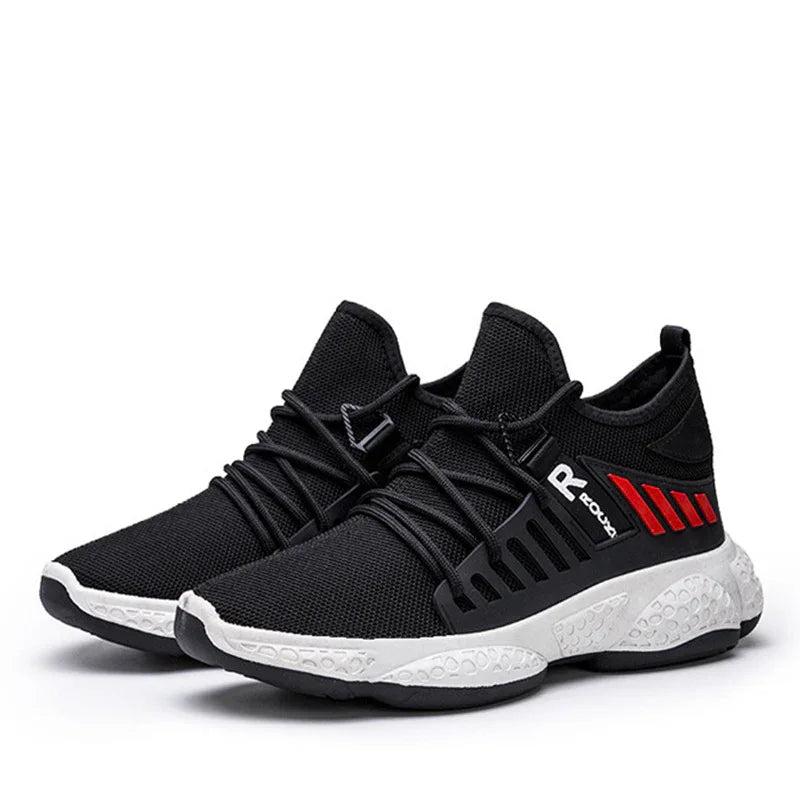 Black Hi Fitness athletic shoes with white textured sole and red accents, designed for running and training