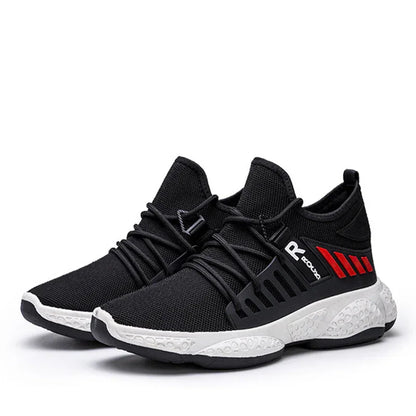 Black Hi Fitness athletic shoes with white textured sole and red accents, designed for running and training