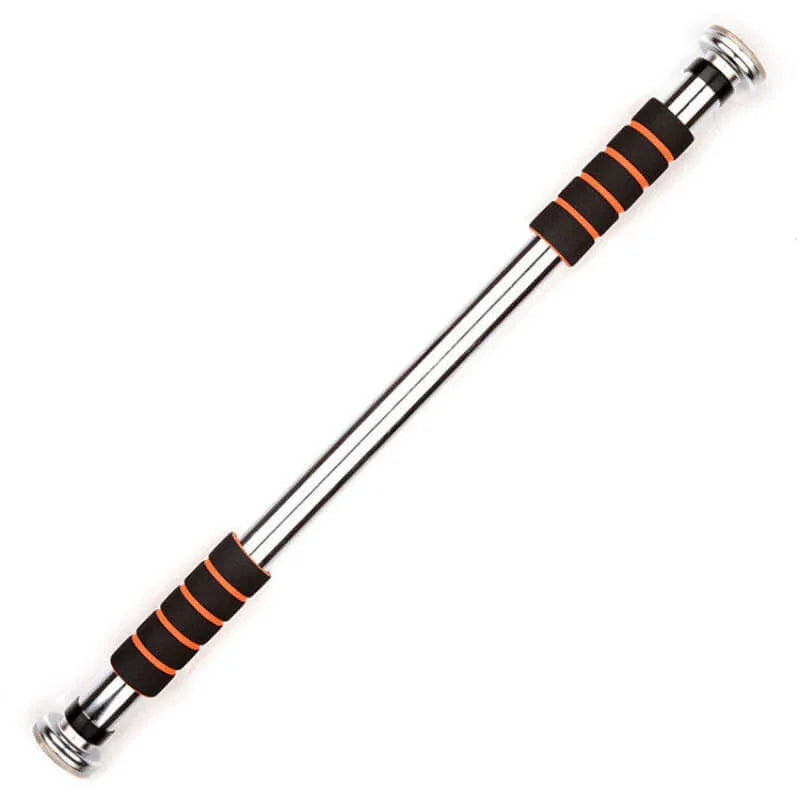 Adjustable chrome pull-up bar with black and orange foam grips for home gym workouts