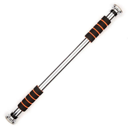Adjustable chrome pull-up bar with black and orange foam grips for home gym workouts