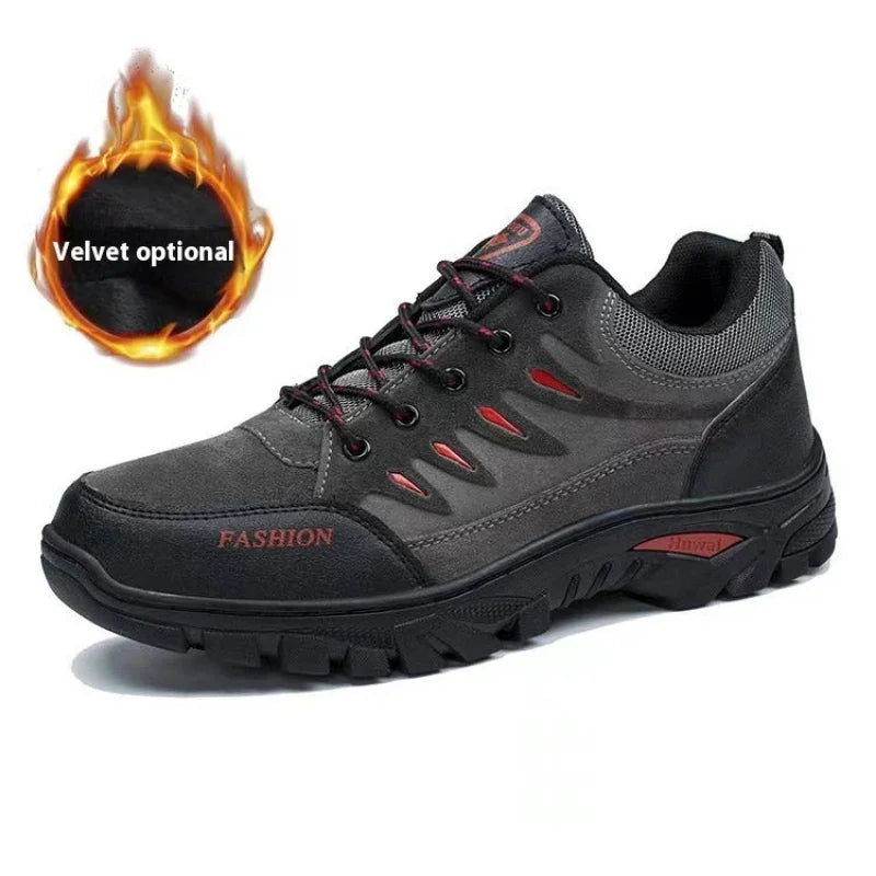 Black and red outdoor hiking shoe with rugged sole and velvet lining option