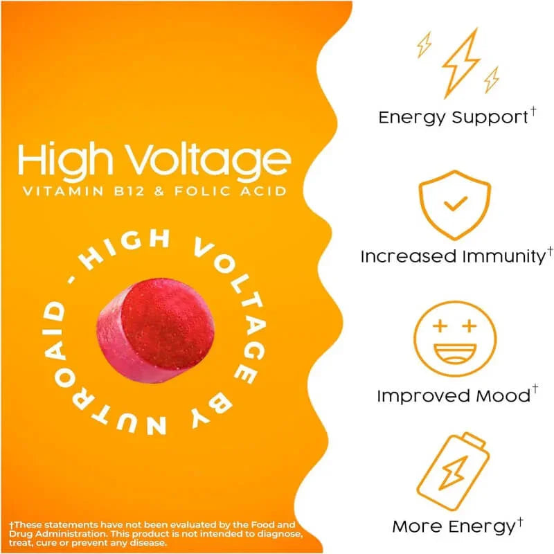 High Voltage vitamin B12 and folic acid supplement benefits, energy support, increased immunity, improved mood, orange background, single red tablet.