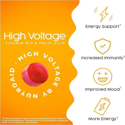 Vitamin supplement packaging with 'High Voltage' branding and benefits listed.