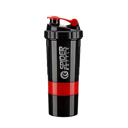 A black shaker bottle with a red accent band and a red flip-top lid, featuring the 'SPIDER BOTTLE' logo printed vertically on the side, set against a plain white background.