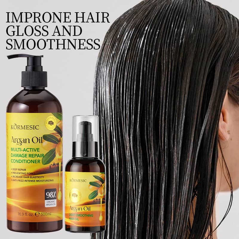 Kormesic Argan Oil hair care products with a person with wet hair on a light gray background.