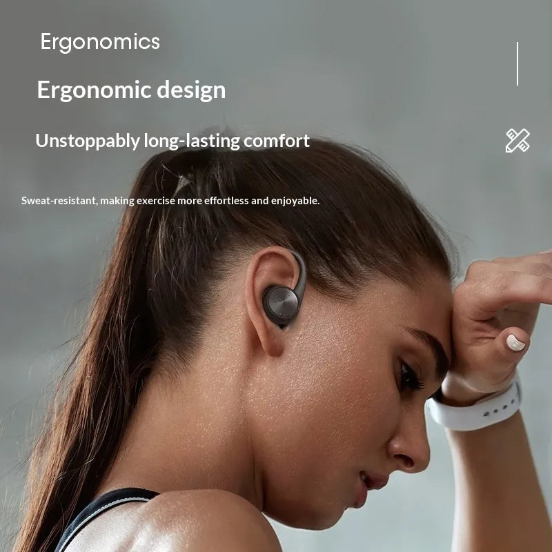 A woman in athletic wear wearing a dark gray wireless earbud, shown in profile against a soft gray background with promotional text highlighting ergonomic design and sweat resistance.