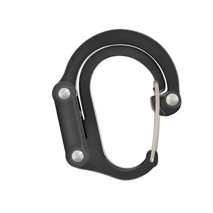 Black metal carabiner clip for outdoor gear and fitness equipment