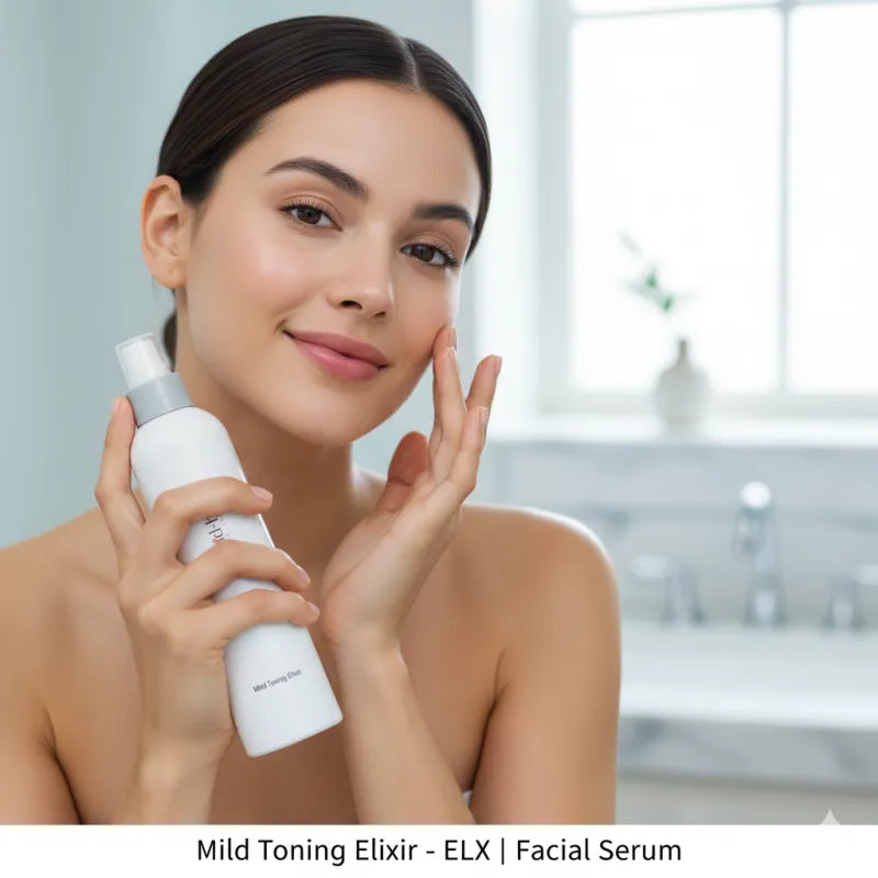 Woman holding a facial serum with a blurred bathroom background