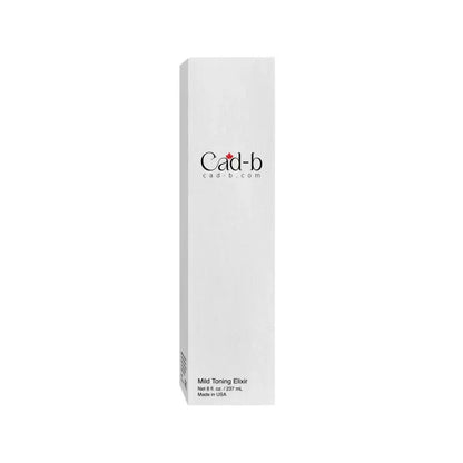 A tall, narrow white box for Catd-b Haircare Mild Toning Elixir, featuring black text and a small red cat logo on a plain white background.