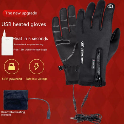 Black USB heated gloves with charging cable on a red background
