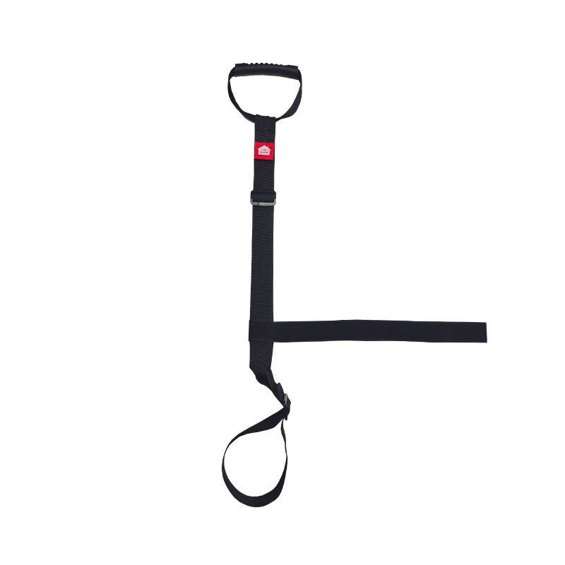 Black resistance band with a red logo on a white background