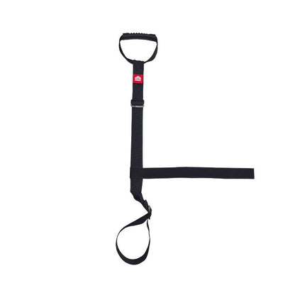 Black resistance band with a red logo on a white background