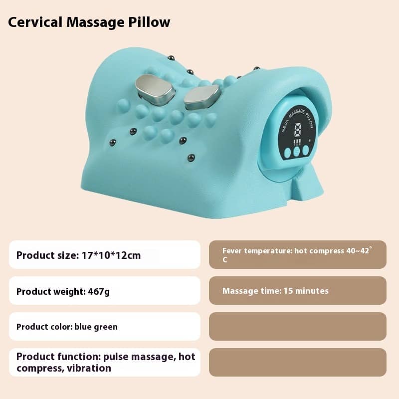 Cervical massage pillow with product details on a beige background