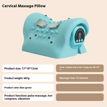 Cervical massage pillow with product details on a beige background