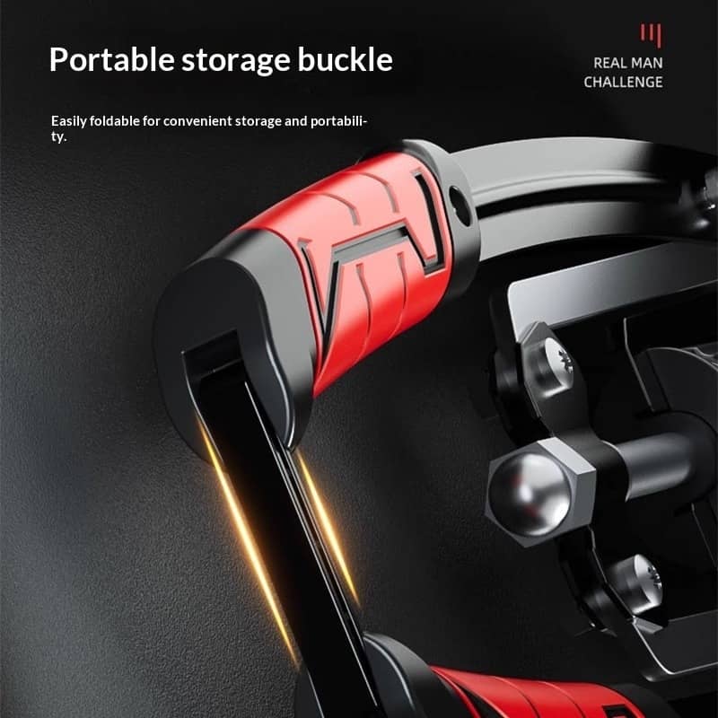Red and black portable storage buckle on a dark background with text about its features.