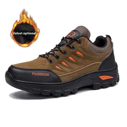Brown outdoor hiking shoe with orange accents, rugged sole, and optional velvet lining