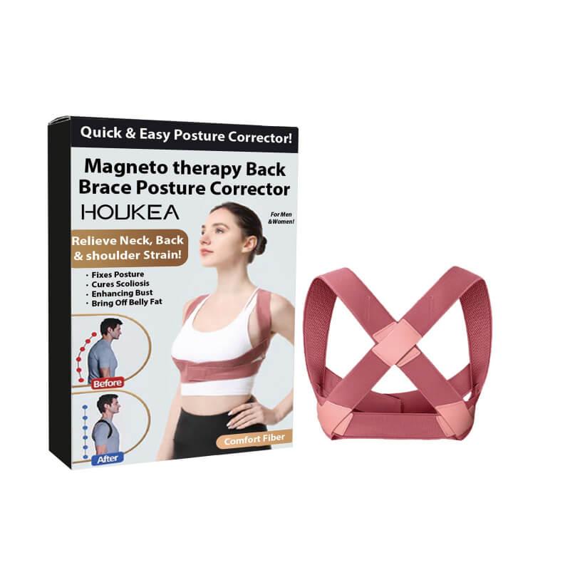 Back brace posture corrector in pink with product box, ergonomic posture support device