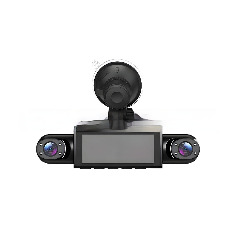 Car dashboard camera with dual lenses on a white background