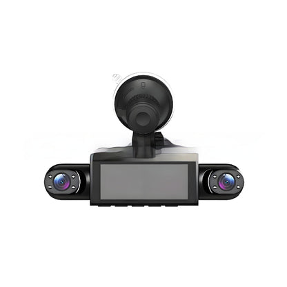 Car dashboard camera with dual lenses on a white background