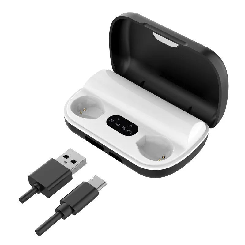 Wireless earbuds in charging case with USB cable and type-C adapter on a white background