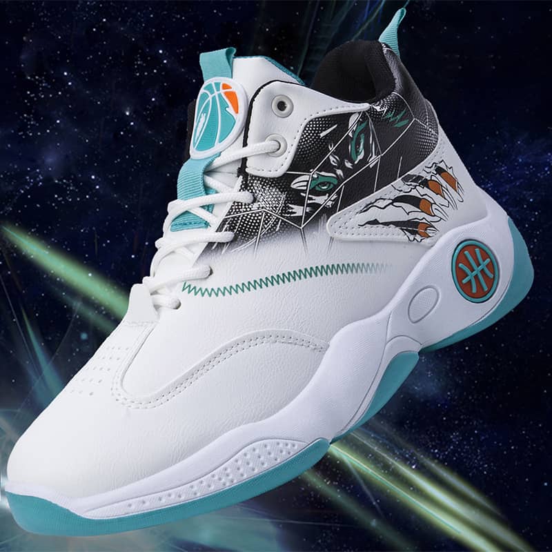 White and teal sneaker with abstract design on a space-themed background